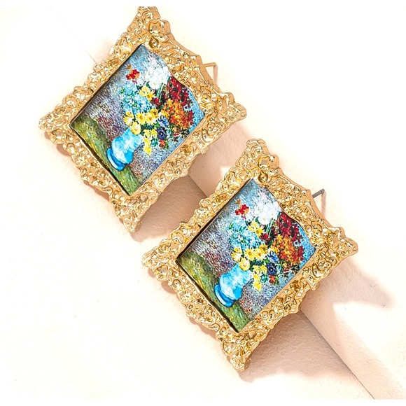 Vincent Van Gogh FLOWERS in a BLUE VASE in Ornate Frame Stud Earrings NEW! 701 - Picture 2 of 4